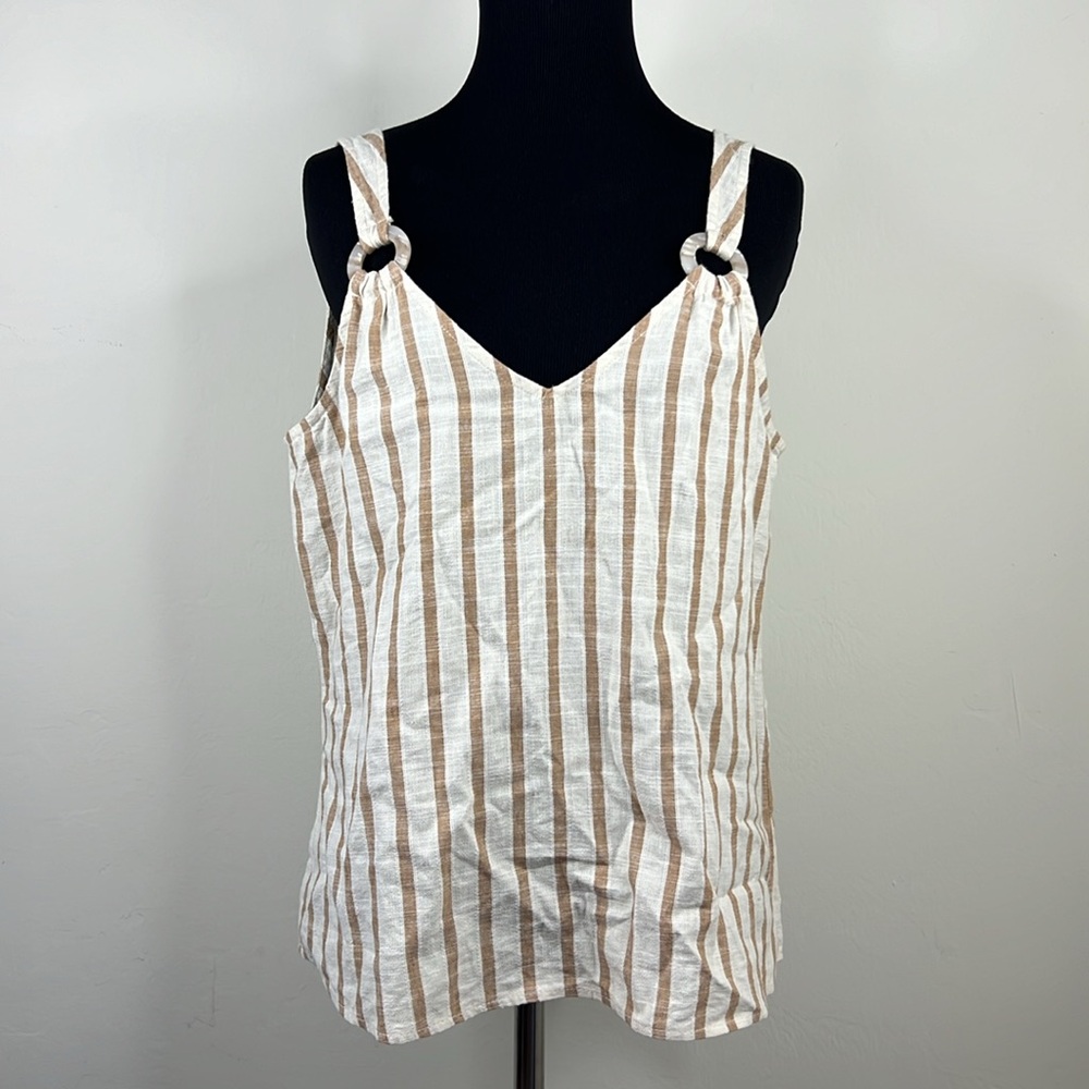 NAF NAF Cream Tan Linen Blend Stripe Tank Top 1 (S)